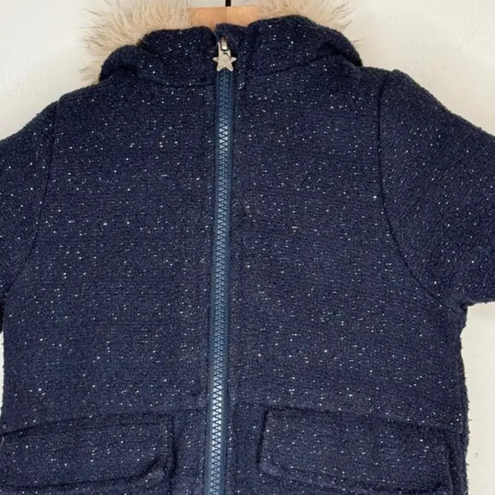 OshKosh B’gosh Girls Navy Sparkle Knit Faux Fur‎ Hooded Coat Jacket Size 3T Cozy